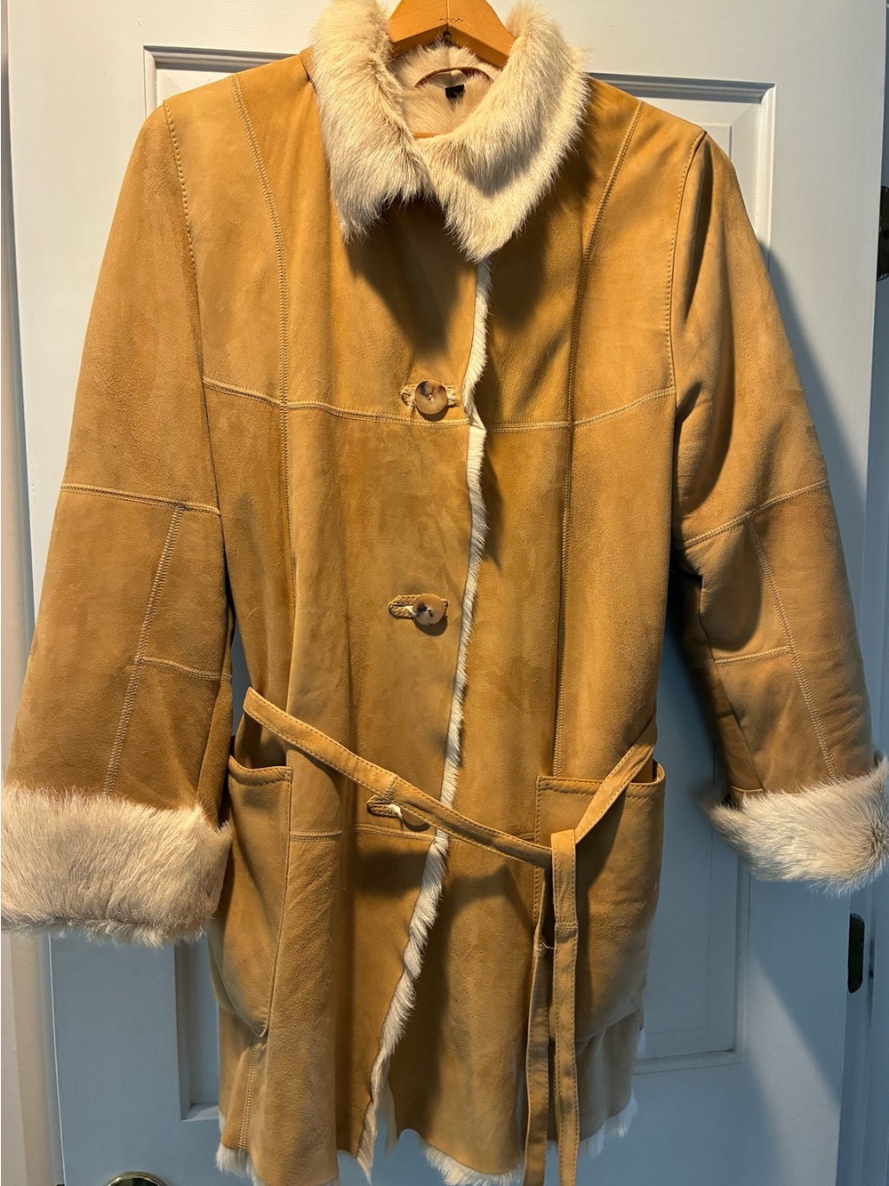 Vintage Audrey Talbott New Zealand Shearling Belted Suede Penny Lane Coat M/L
